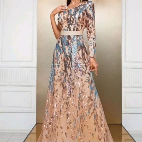 Multicolor,  Graphic Print,  Assymmetrical Neck,  Sequined Mermaid Gown - Picture 4 of 13